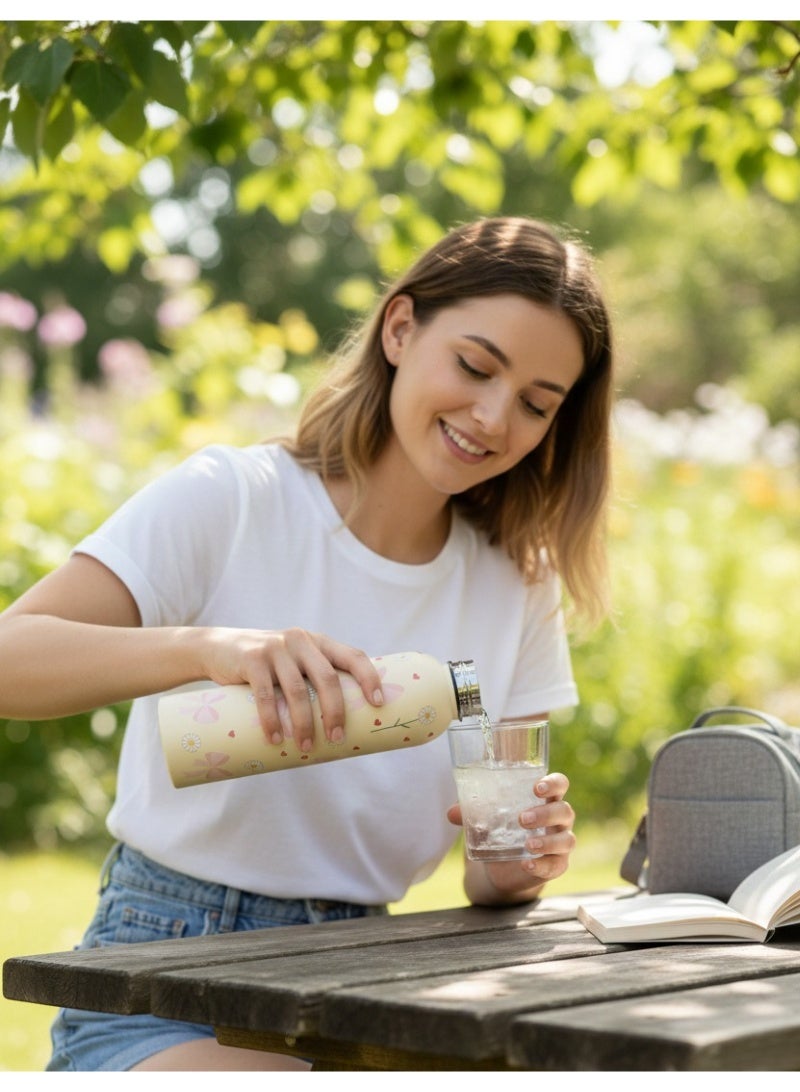 زوبا زجاجة مياه حرارية مزدوجة الجدار من الفولاذ المقاوم للصدأ بتصميم فينوكات وورود صغيره، زجاجة حرارية بهيكل معدني آمن غذائيًا للاستخدام اليومي، سعة 500 مل - Image 3