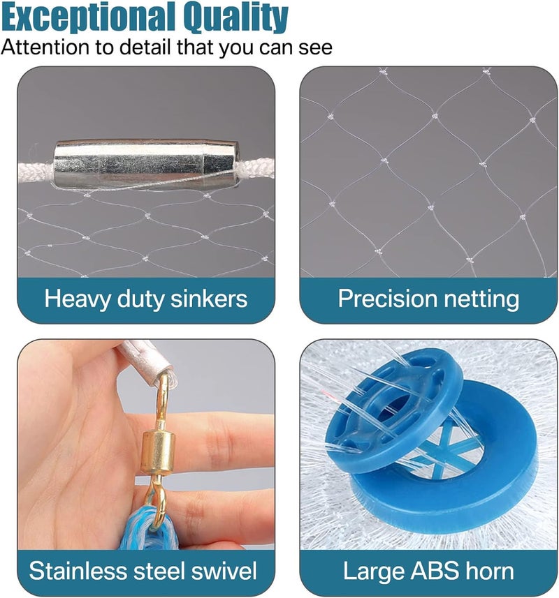 Yeahmart American Saltwater Fishing Cast Net for Bait Trap Fish 3ft/4ft/5ft/6ft/7ft/8ft/9ft/10ft Radius Freshwater Casting Nets with Heavy Duty Real Zinc Sinker Weights, 3/8inch Mesh Size - Image 3