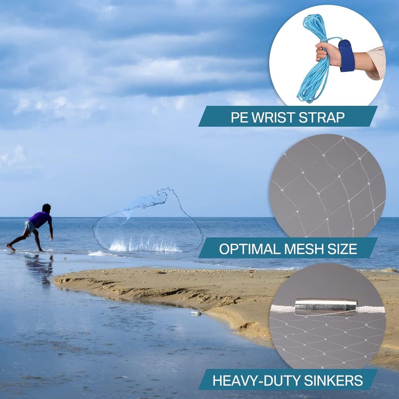 Yeahmart American Saltwater Fishing Cast Net for Bait Trap Fish 3ft/4ft/5ft/6ft/7ft/8ft/9ft/10ft Radius Freshwater Casting Nets with Heavy Duty Real Zinc Sinker Weights, 3/8inch Mesh Size - Image 2