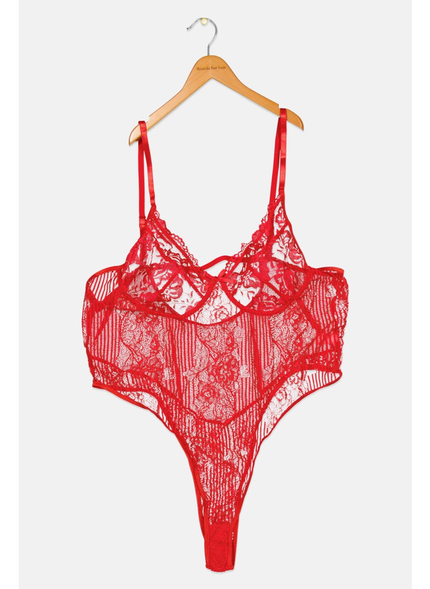 boohoo - Women Plus Size Textured Sleeveless Bodysuit, Red - Image 1