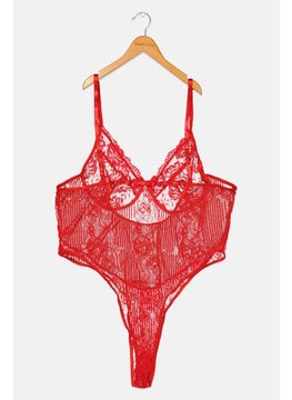 Women Plus Size Textured Sleeveless Bodysuit, Red