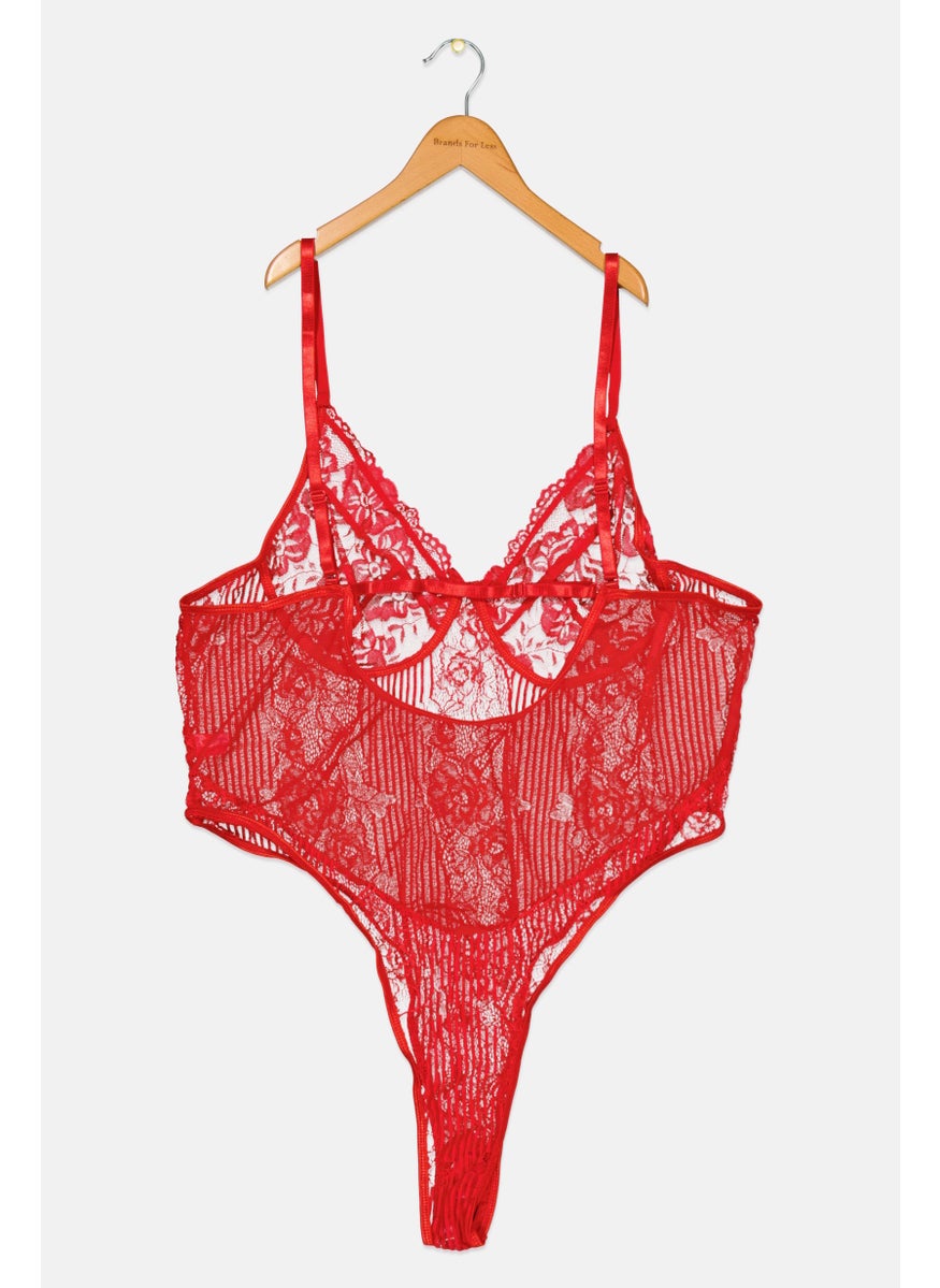 boohoo - Women Plus Size Textured Sleeveless Bodysuit, Red - Image 1