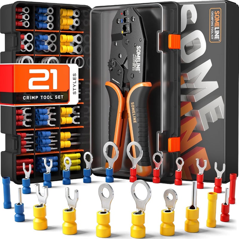 SOMELINE ® Wire Terminal Crimping Tool Kit, 0.34-6mm² Ratchet Crimping Pliers with 21 Sizes of Insulated Terminals, Electrical Terminal Assortment Kit - Image 1