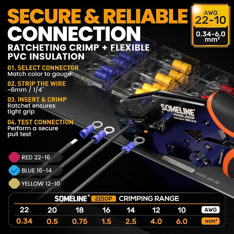 SOMELINE ® Wire Terminal Crimping Tool Kit, 0.34-6mm² Ratchet Crimping Pliers with 21 Sizes of Insulated Terminals, Electrical Terminal Assortment Kit - Image 2