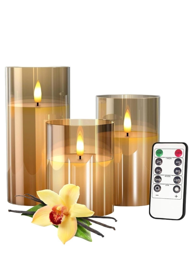 Glass Battery Operated LED Flameless Candles with Remote and Timer, Real Wax Candles Warm Color Flickering Light for Festival Wedding Home Party Decor(Pack of 3)-Gold - Image 1