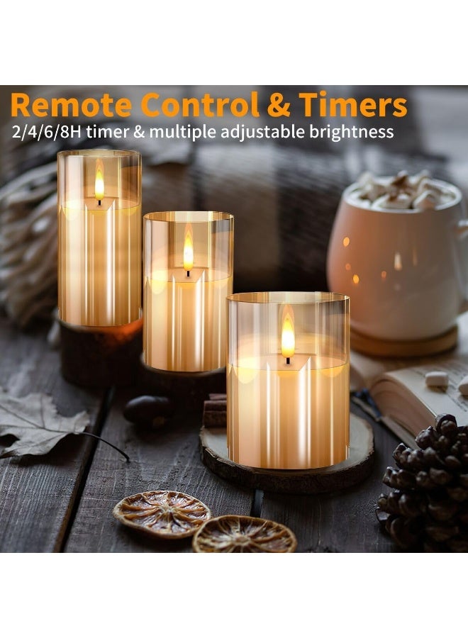 Glass Battery Operated LED Flameless Candles with Remote and Timer, Real Wax Candles Warm Color Flickering Light for Festival Wedding Home Party Decor(Pack of 3)-Gold - Image 4