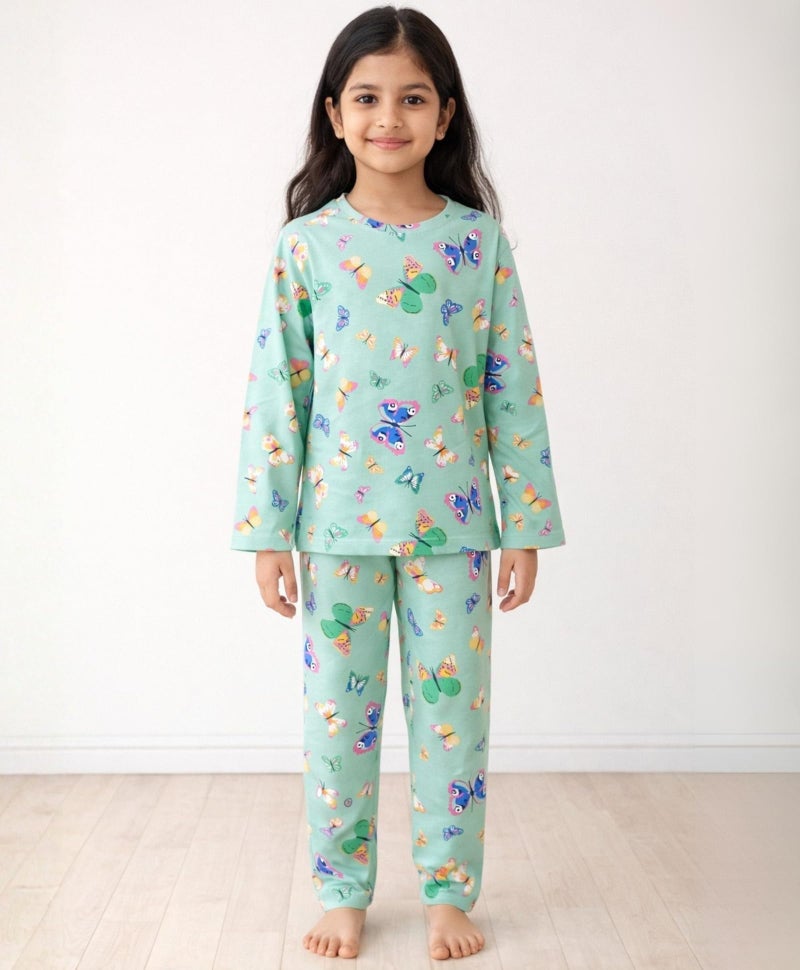 ANTHRILO Pajama T-Shirt Set for Girls | Kids Night Suit for Girls | Nightwear | 100% Cotton Pyjama Set Butterfly Green Print | Long Sleeve T-Shirt and Pajama | 8-9 Years - Image 2