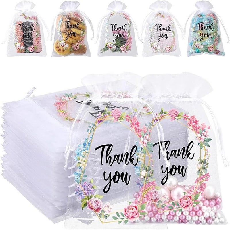 LXKBD 100PCS Organza Gift Bags for Jewelry Party Wedding Favor, 4x6 Inch Thank You White Sheer Drawstring Mesh Pouch Candy Bag - Image 1