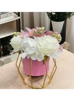 Home Elements HOME ELEMENTS Tabletop Artificial Flowers in Metal Frame Vase Room Decor Centre Table Showpiece Artificial Flower Pots for Living Room Office New Home Decoration Gift - Pink & White Flower (13x16cm)  - Image 1