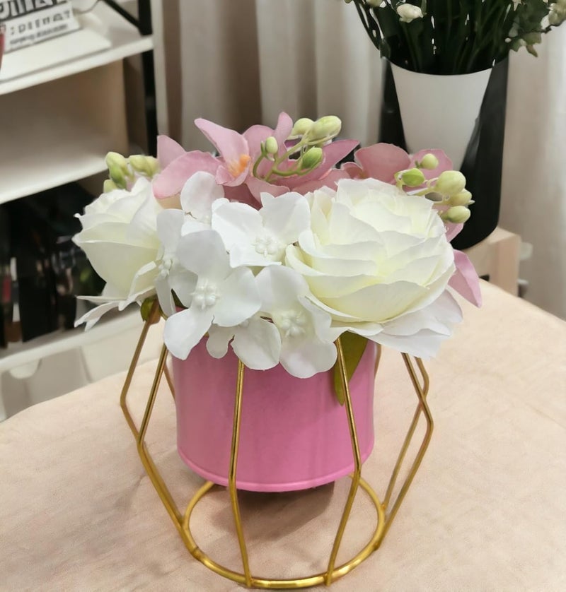 HOME ELEMENTS Tabletop Artificial Flowers in Metal Frame Vase Room Decor Centre Table Showpiece Artificial Flower Pots for Living Room Office New Home Decoration Gift - Pink & White Flower (13x16cm) - Image 1