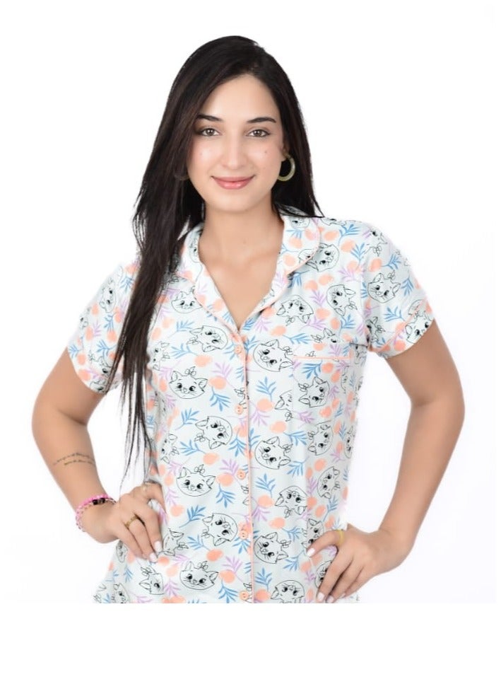 Summer Women's Pajama Set with Buttons – Short Sleeve Top and Pants – Cute Cats Print – Cotton Lycra Fabric  - Image 1