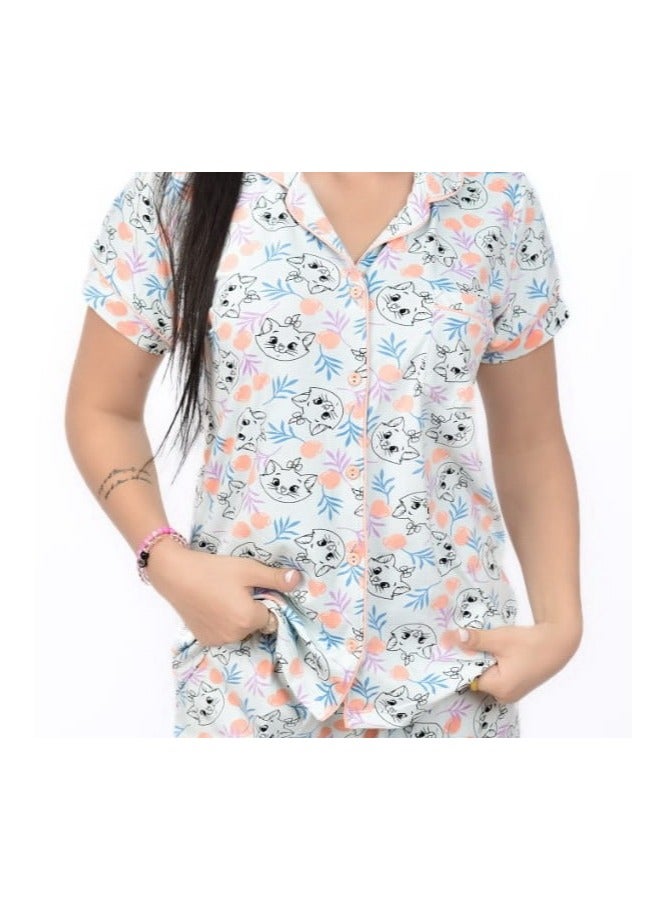 Summer Women's Pajama Set with Buttons – Short Sleeve Top and Pants – Cute Cats Print – Cotton Lycra Fabric  - Image 2