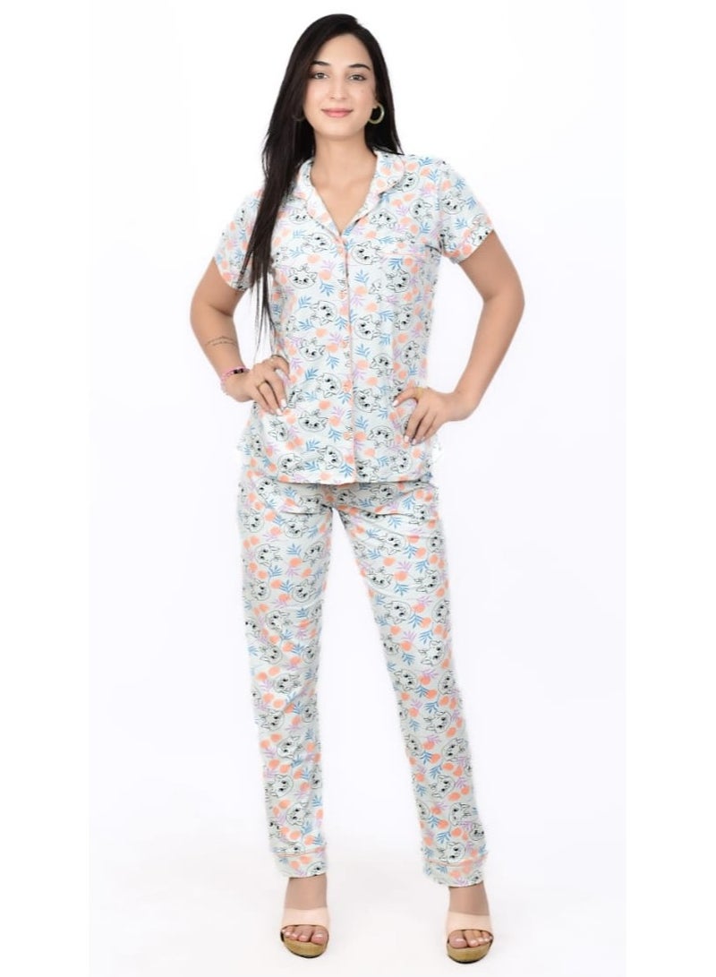 Summer Women's Pajama Set with Buttons – Short Sleeve Top and Pants – Cute Cats Print – Cotton Lycra Fabric  - Image 3