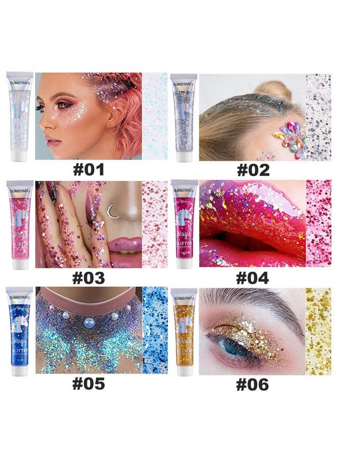 Sumeitang SUMEITANG 6PCS Silver Face Body Glitter Gel，Holographic Chunky Sequins Body Glitter Paint for Party Singer Concerts Music Festival Rave Accessories for Girls Women Face Body DIY Sparkling Makeup - Image 3