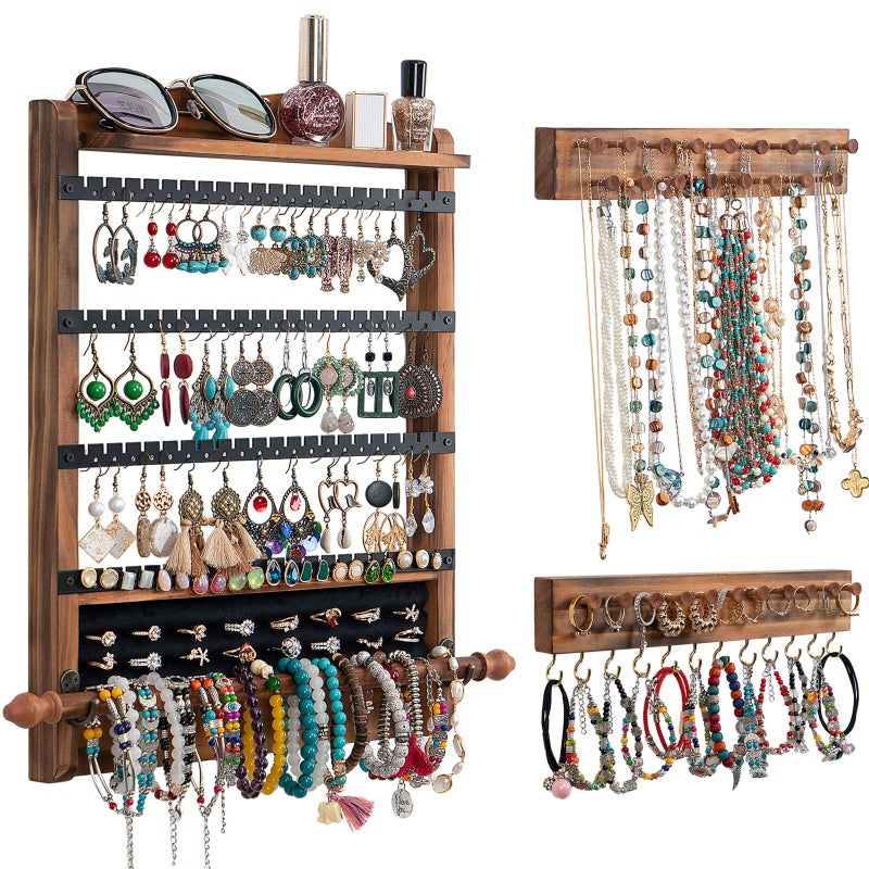 QILICHZ 3Pcs Jewelry Organizers and Storage,Wood Earring Organizer,Hanging Jewelry Organizer,Rustic Wall Jewellery Organizer,Wall Mounted Earring Holder for Storage Display Gift (Brown+Black) - Image 1