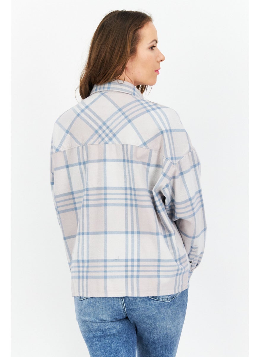 Dr Denim Women Petite Size Spread Collar Long Sleeve Checked Shirt, Grey  - Image 3