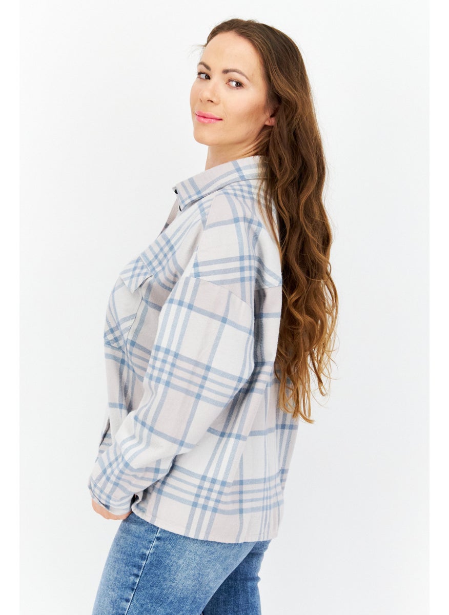 Dr Denim Women Petite Size Spread Collar Long Sleeve Checked Shirt, Grey  - Image 2