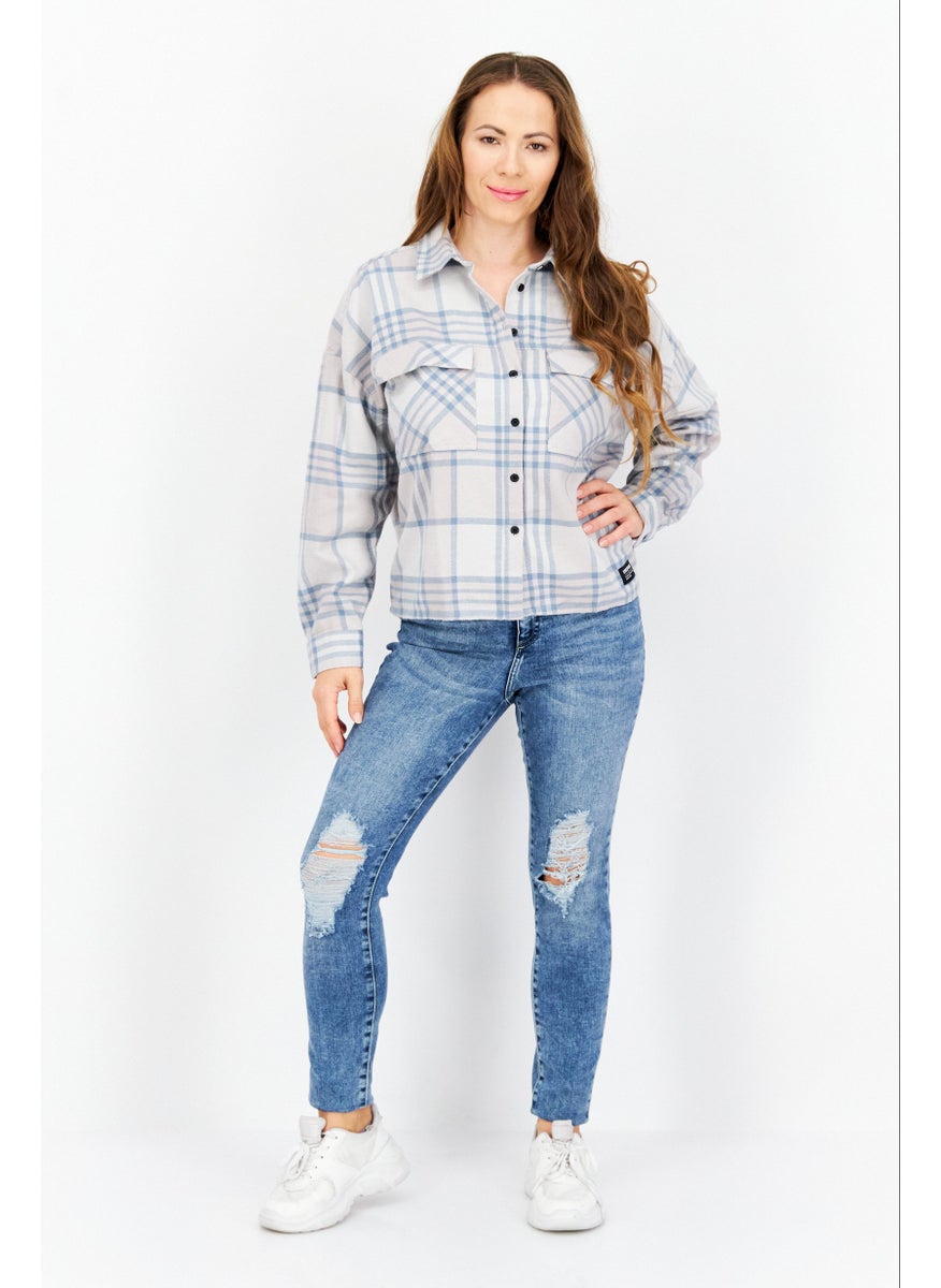 Dr Denim Women Petite Size Spread Collar Long Sleeve Checked Shirt, Grey  - Image 4