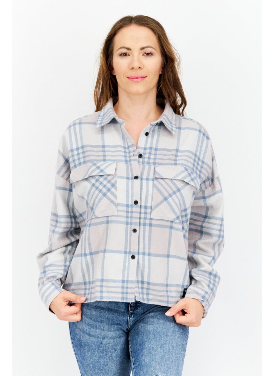 Dr Denim Women Petite Size Spread Collar Long Sleeve Checked Shirt, Grey  - Image 1