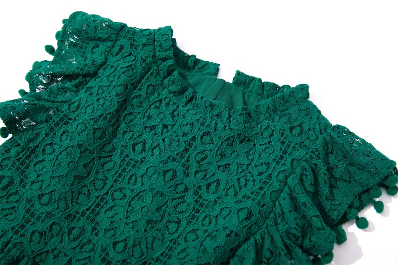 Niyage Toddler Girls Elegant Lace Pom Pom Flutter Sleeve Party Princess Dress Dark Green 140 - Image 3