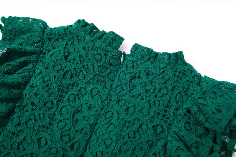 Niyage Toddler Girls Elegant Lace Pom Pom Flutter Sleeve Party Princess Dress Dark Green 140 - Image 4