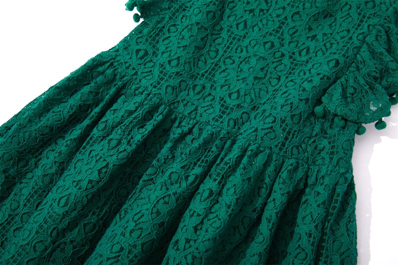 Niyage Toddler Girls Elegant Lace Pom Pom Flutter Sleeve Party Princess Dress Dark Green 140 - Image 5