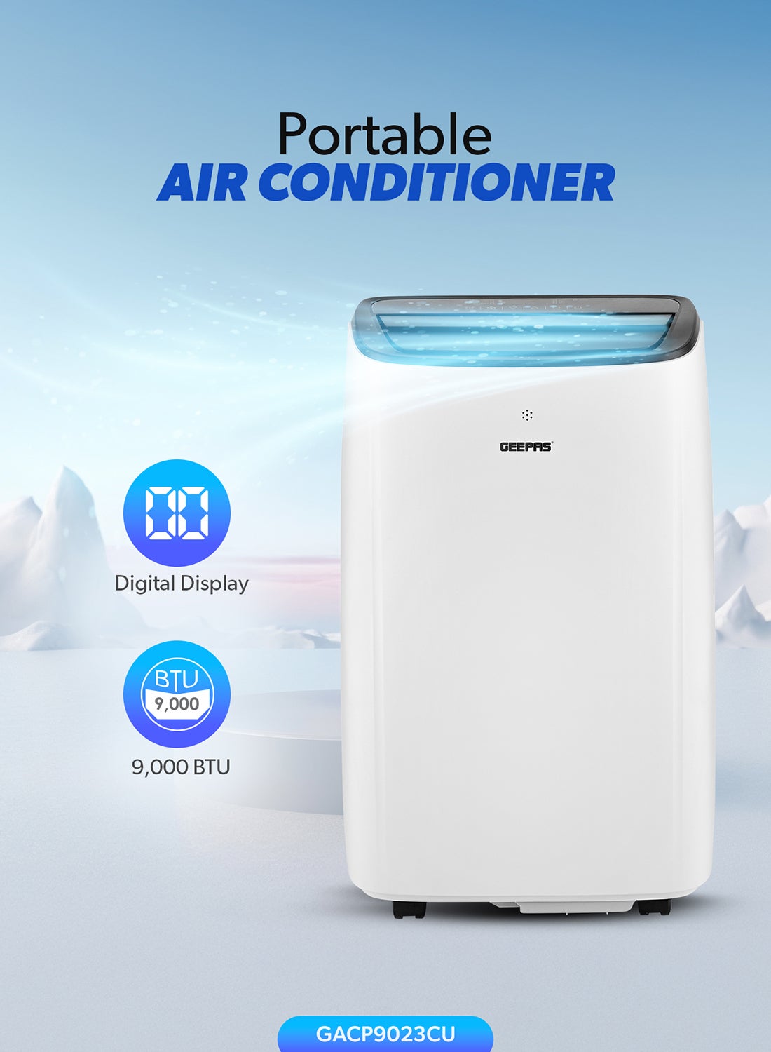 Portable Air Conditioner- 3 Modes, 2 Speed Settings, Dehumidification, Self-Evaporation, Cooling/ Digital Display, Remote Control, 24 Hours Timer/ Easy to Move Wheels, Perfect for Bedrooms, Living Rooms, Offices, Small Apartments GACP9023CU WHITE