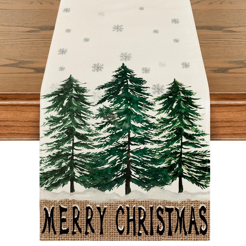Artoid Mode Xmas Trees Snowflake Merry Christmas Table Runner Seasonal Winter Green Kitchen Dining Table Decoration for Home Party Decor 13x72 Inch