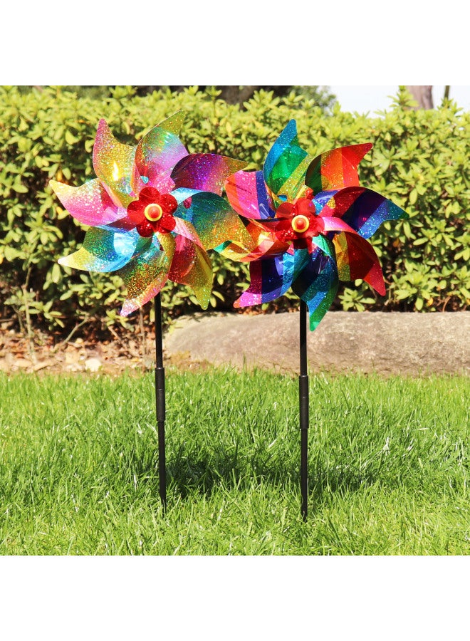 24CM Octagon Laser Color Rainbow Color Strip Windmill Pastoral Bird Drive Park Scenic Area Decoration Children's Stall Toys-Color:Rainbow + Ribbon specifications: Windmill diameter 24 cm, pole length 40cm (2 pieces per set)  - Image 1