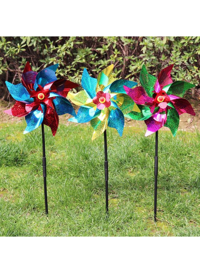 24CM Octagon Laser Color Rainbow Color Strip Windmill Pastoral Bird Drive Park Scenic Area Decoration Children's Stall Toys-Color:Rainbow + Ribbon specifications: Windmill diameter 24 cm, pole length 40cm (2 pieces per set)  - Image 4