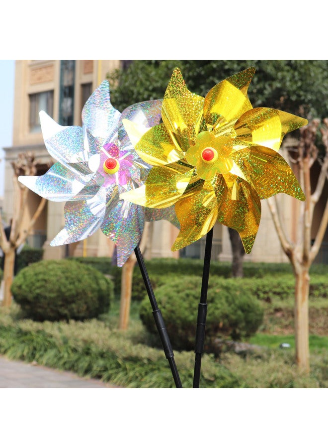 24CM Octagon Laser Color Rainbow Color Strip Windmill Pastoral Bird Drive Park Scenic Area Decoration Children's Stall Toys-Color:Rainbow + Ribbon specifications: Windmill diameter 24 cm, pole length 40cm (2 pieces per set)  - Image 3