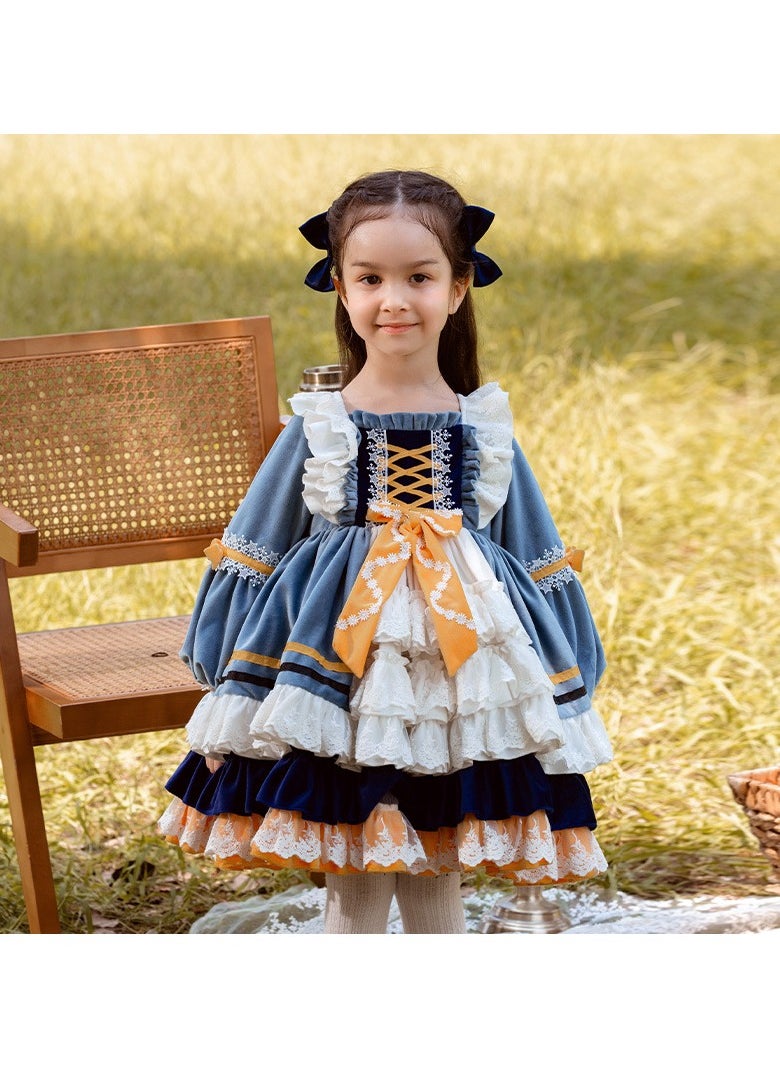 Loquat Girl's  Lolita Fluffy Long Sleeve Velvet Dress Blue/White  - Image 1