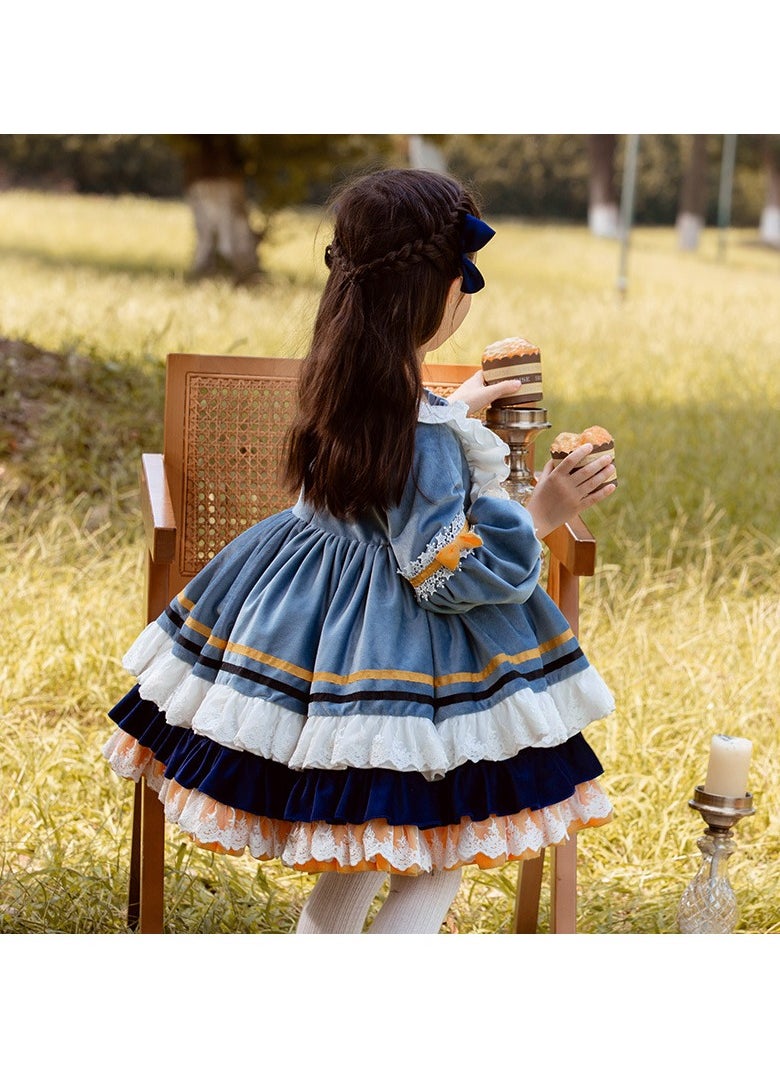 Loquat Girl's  Lolita Fluffy Long Sleeve Velvet Dress Blue/White  - Image 2