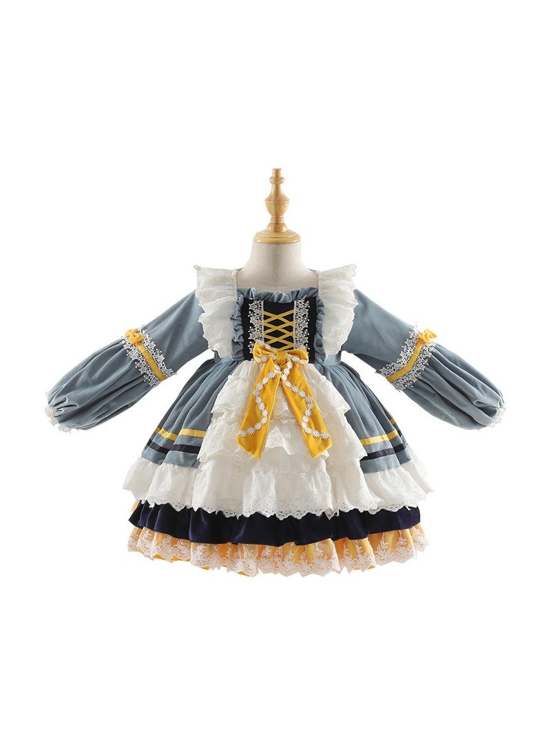 Loquat Girl's  Lolita Fluffy Long Sleeve Velvet Dress Blue/White  - Image 4