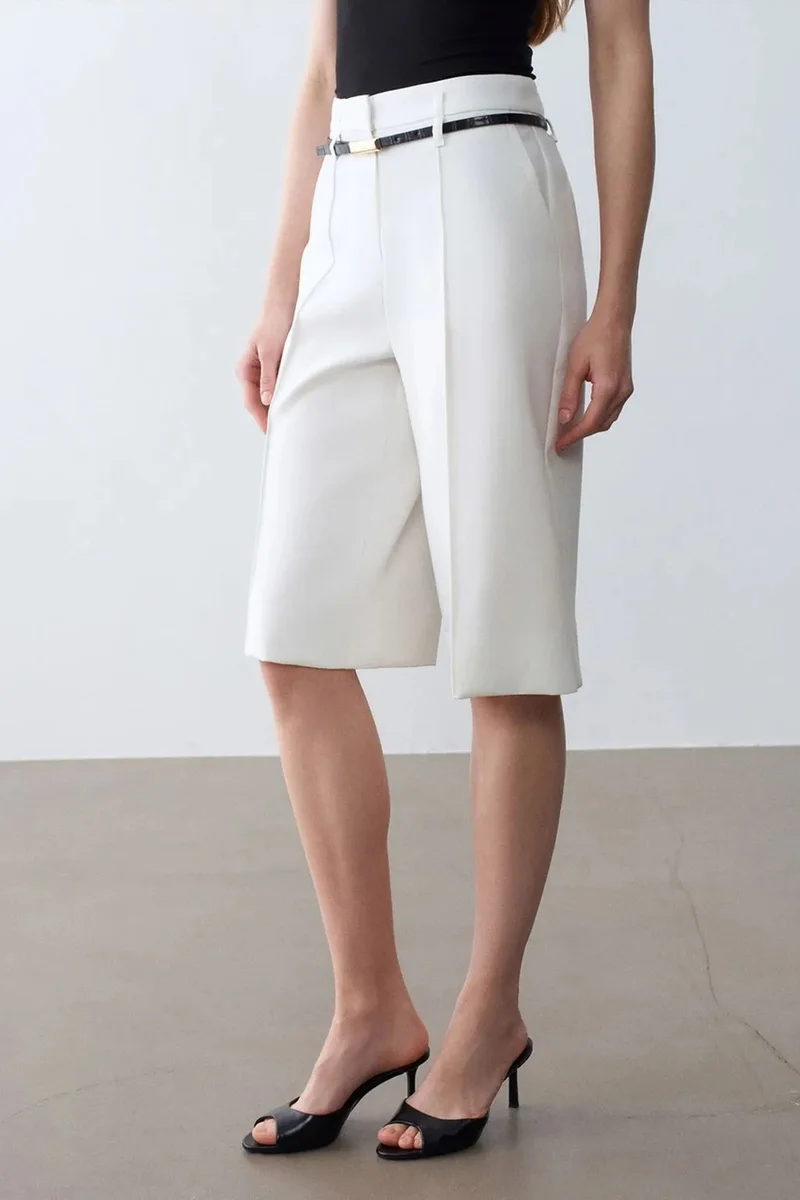 Dilvin Dusty White DILVIN High-waist Wide-leg Crepe Shorts With Belt for Women | Best Price UAE