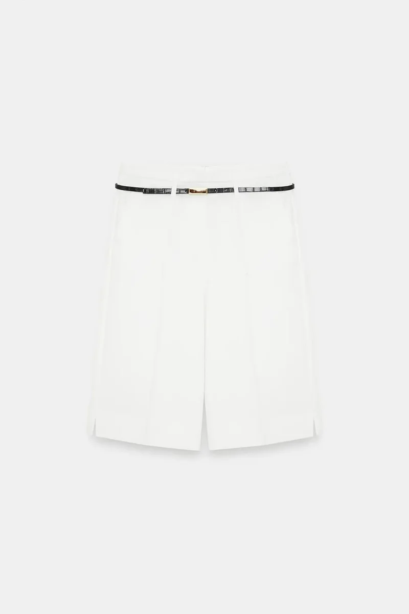 Dilvin Dusty White DILVIN High-waist Wide-leg Crepe Shorts With Belt for Women | Best Price UAE