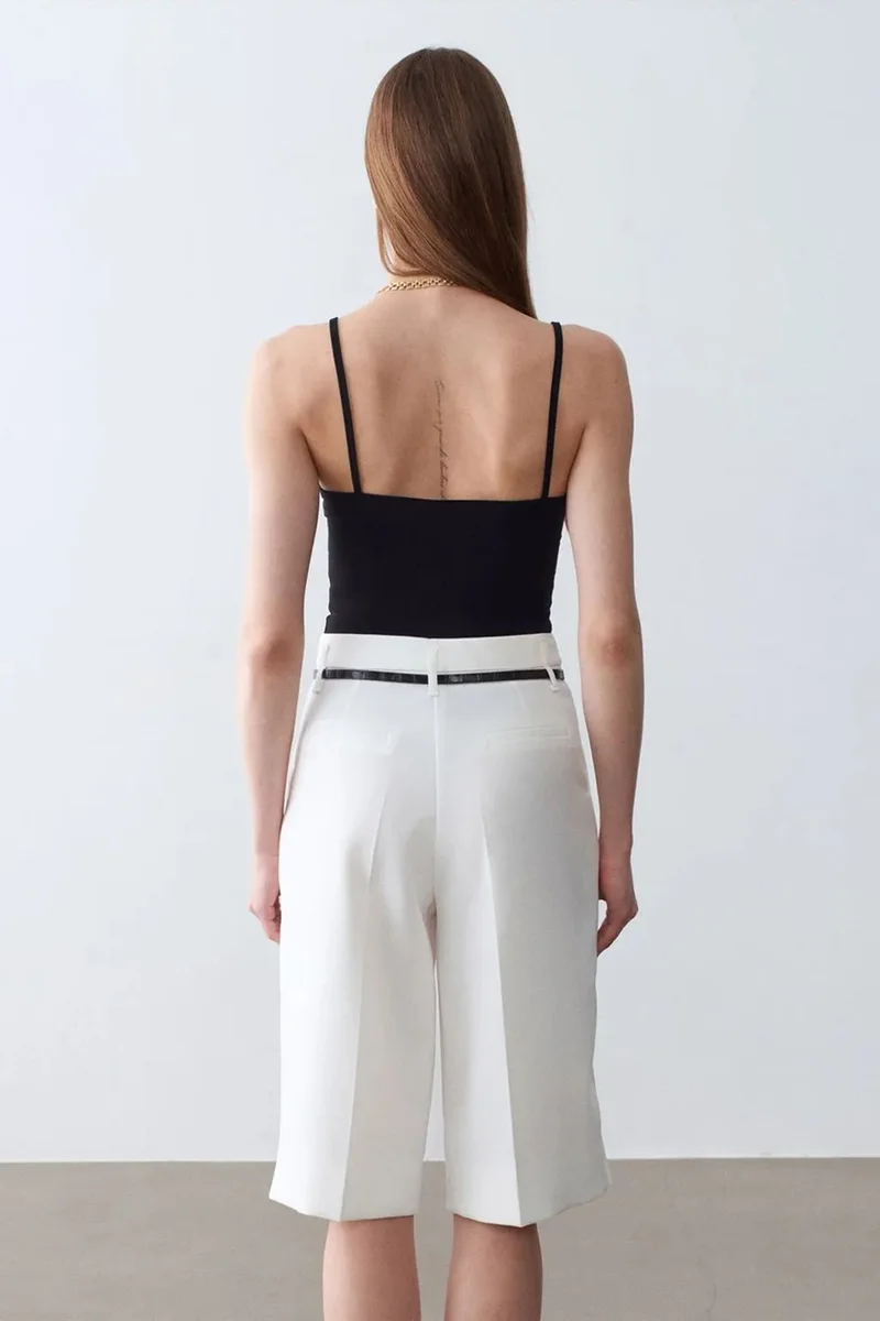 Dilvin Dusty White DILVIN High-waist Wide-leg Crepe Shorts With Belt for Women | Best Price UAE