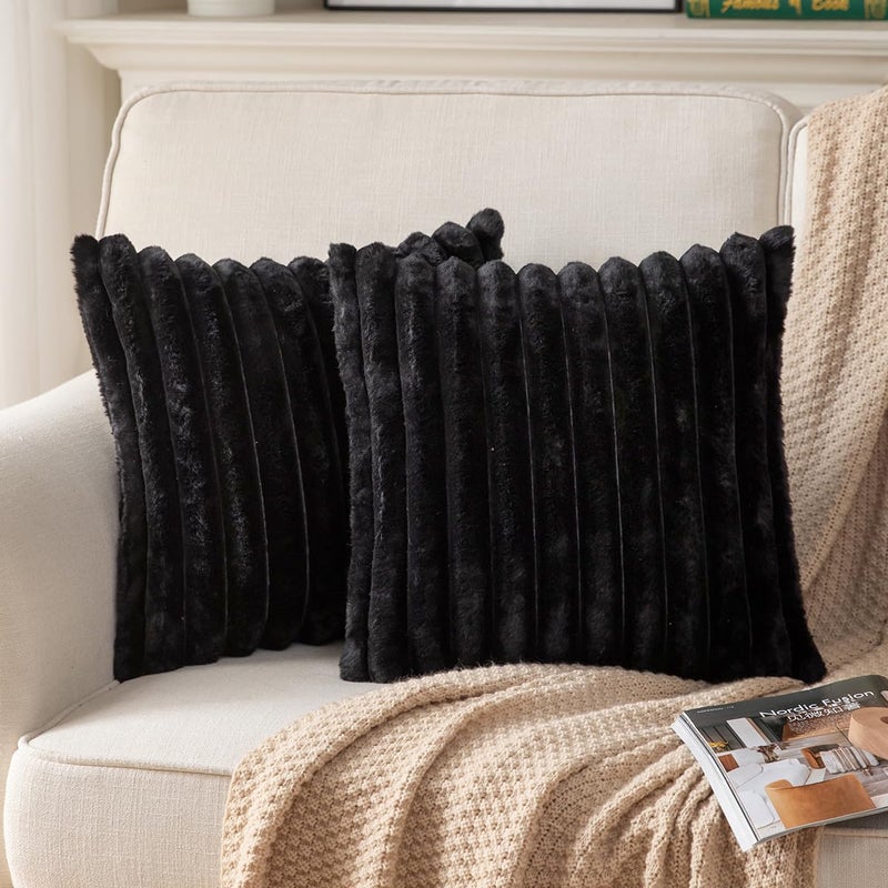 DEELAND Pack of 2 Double-Sided Faux Fur Plush Decorative Throw Pillow Covers Fuzzy Striped Soft Pillowcase Cushion Covers for Sofa Couch Bedroom Black 24x24 inch - Image 1