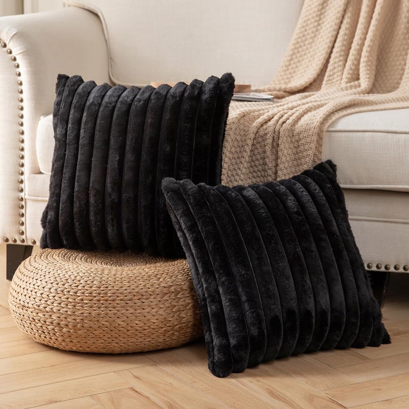 DEELAND Pack of 2 Double-Sided Faux Fur Plush Decorative Throw Pillow Covers Fuzzy Striped Soft Pillowcase Cushion Covers for Sofa Couch Bedroom Black 24x24 inch - Image 2
