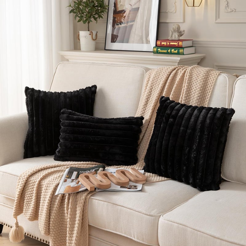 DEELAND Pack of 2 Double-Sided Faux Fur Plush Decorative Throw Pillow Covers Fuzzy Striped Soft Pillowcase Cushion Covers for Sofa Couch Bedroom Black 24x24 inch - Image 4
