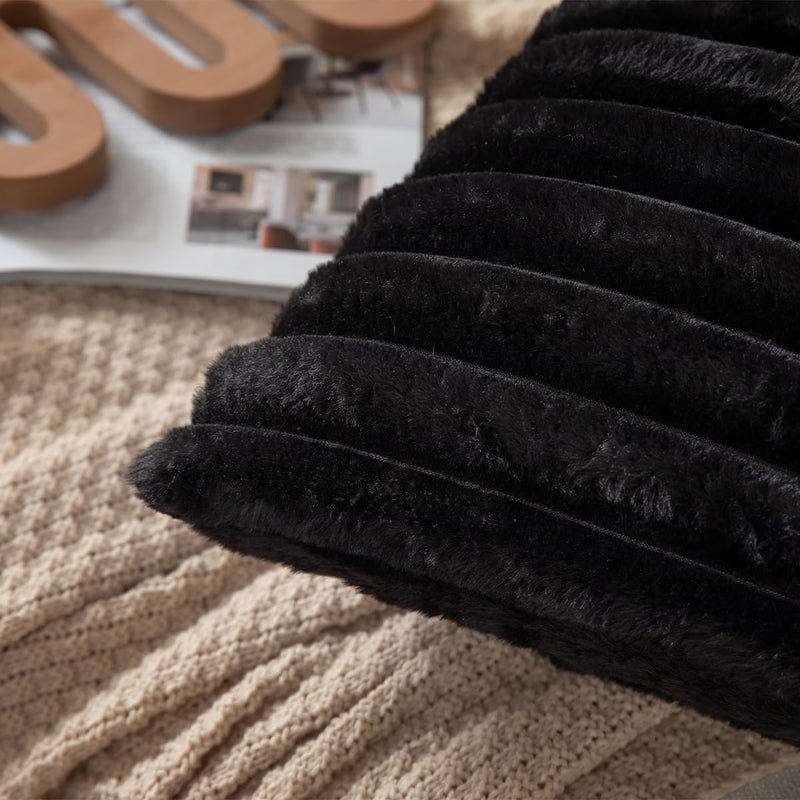 DEELAND Pack of 2 Double-Sided Faux Fur Plush Decorative Throw Pillow Covers Fuzzy Striped Soft Pillowcase Cushion Covers for Sofa Couch Bedroom Black 24x24 inch - Image 3