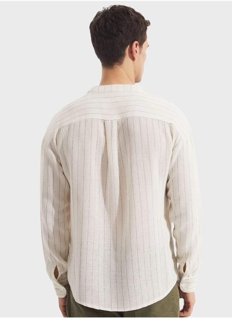 JUNE Striped Grandad Collar Shirt