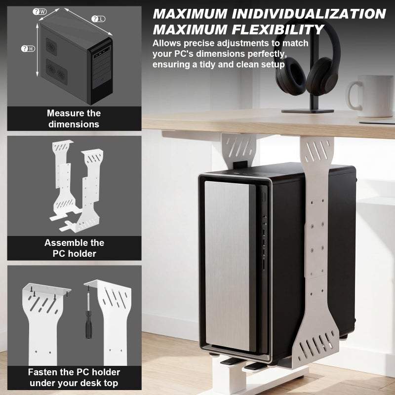 Saysurey Heavy Duty Adjustable Under Desk PC Holder 7.5 to 12 Inch Wide, Supports up to 80 Lbs Load Capacity, Under Desk PC Mount, Wall Mount Space Saving Computer Case Tower Holder-White - Image 4
