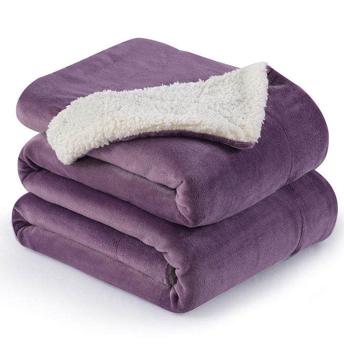 THROW BLANKET REVERSIBLE SHERPA FLANNEL BED BLANKET SUPER SOFT FUZZY PLUSH FLEECE MICROFIBER 90X90 CASSIS PURPLE QUEEN