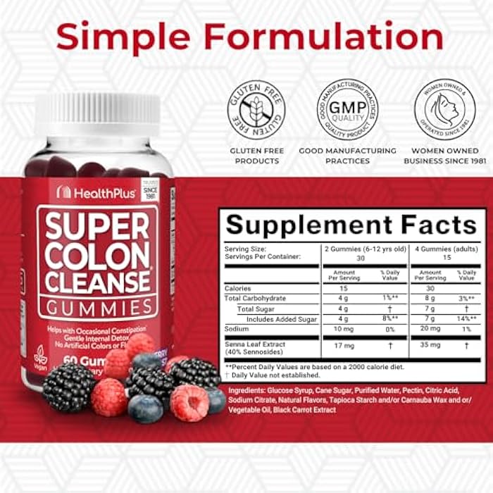 Health Plus Super Colon Cleanse Gummies Dietary Supplement, Gentle Overnight Relief from Occasional Constipation, Natural Senna Leaf Extract, Mixed Berry Flavor, 60 Count, 15 Day Cleanse - Image 2