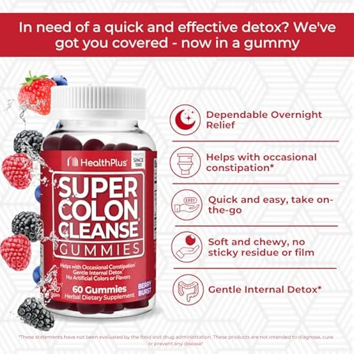 Health Plus Super Colon Cleanse Gummies Dietary Supplement, Gentle Overnight Relief from Occasional Constipation, Natural Senna Leaf Extract, Mixed Berry Flavor, 60 Count, 15 Day Cleanse - Image 4