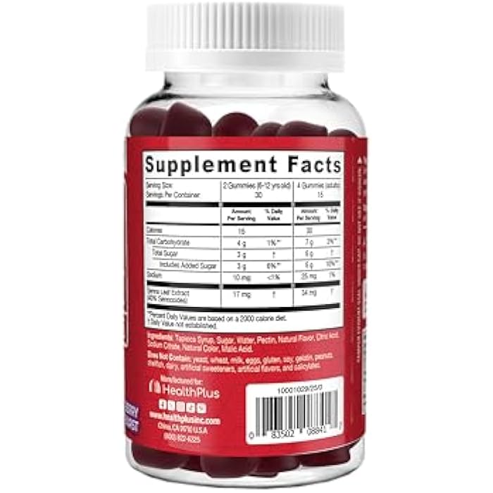 Health Plus Super Colon Cleanse Gummies Dietary Supplement, Gentle Overnight Relief from Occasional Constipation, Natural Senna Leaf Extract, Mixed Berry Flavor, 60 Count, 15 Day Cleanse - Image 5
