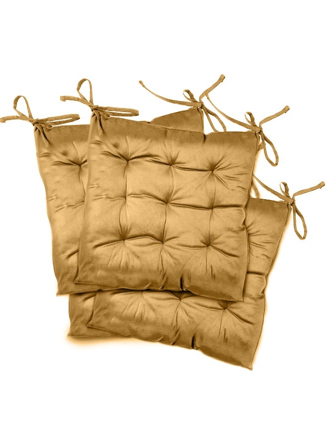 ريست REST Pack of 4 Velvet Soft Chair Pad with Seat Ties Suitable for Garden , Kitchen and Office Chairs Indoor and Outdoor  Mustard 40x40cm - Image 1