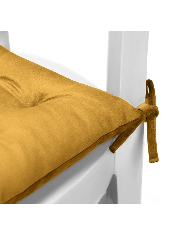 ريست REST Pack of 4 Velvet Soft Chair Pad with Seat Ties Suitable for Garden , Kitchen and Office Chairs Indoor and Outdoor  Mustard 40x40cm - Image 3