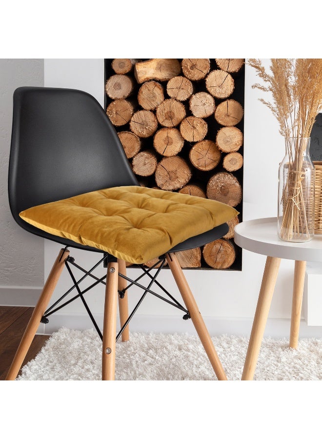 ريست REST Pack of 4 Velvet Soft Chair Pad with Seat Ties Suitable for Garden , Kitchen and Office Chairs Indoor and Outdoor  Mustard 40x40cm - Image 2